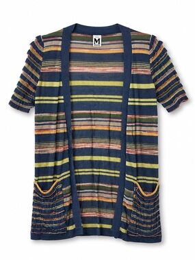 M Missoni Italy Striped Short Sleeve Cardigan Blue Yellow Ruffled Pocket Medium